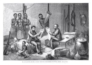 Dr. David Livingstone (1813-73) og Mr. Henry Morton Stanley (1841-1904) mottar aviser i Sentral-Afrika, gravert av Pearson av Johann Baptist Zweecker