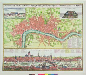 Luftkart over London, og utsikt over Themsen fra South Bank, med St. Paul's og London Bridge, av Johann B. Homann, ca. 1730 (håndfarget gravering)