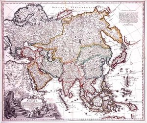 Lilleasia, Arabia og Japan, ca. 1725 (farget gravering) av Johann Baptista Homann
