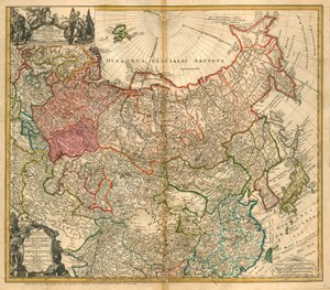 Kart over Russland (Fra: Kart over det russiske imperiet og Tartar til hele Lilleasia og Europa) - Homann, Johann Baptist (1663-1724) - 1738 - Kobberstikk, akvarell - Privat samling