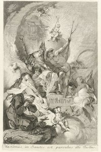 Het Christuskind als Salvator Mundi met verscheidene heiligen en paus Clemens XIII Den største blant de hellige er den lille gutten (tittel på objekt) av Johann Beheim