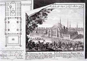 Plan og utsikt over Suleymaniye-moskeen, Istanbul, fra "Design av en historisk arkitektur", gravert av Johann Adam Delsenbach