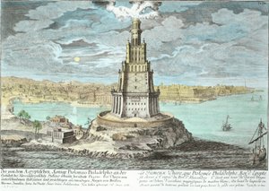 Fyr i Alexandria, bygget av Ptolemaios den store (36-etter 30 f.Kr.), Egypt, fra Entwurf einer historischen Architektur, gravert av Johann Adam Delsenbach (1687-1765) 1721 (senere farge