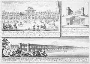 Det kongelige palasset i Isfahan, et tverrsnitt av Alyverdy-Chan Isfahan-broen og utsikt over Alyverdy-Chan Isfahan-broen, fra Entwurf einer historischen Architektur, gravert av Johann Adam De av Johann Bernhard Fischer von Erlach