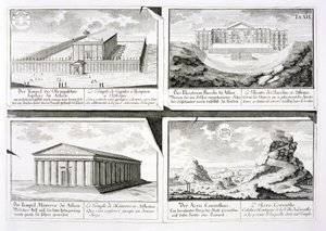 Utsikt over fire klassiske bygninger: Zeus-tempelet, Dionysos-teatret i Athen, Athena-tempelet i Athen og et tempel i Korint, fra Entwurf einer historischen Architektur, av Johann Bernhard Fischer von Erlach