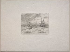 Røft hav med en to-master og seilbåt av Johan Christian Dahl