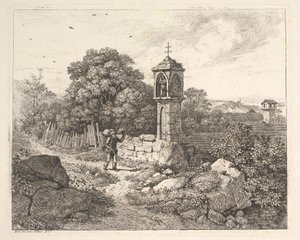En bonde som hilser på statuen av Maria, 1817. av Johann Christian Erhard