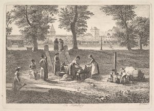 Utendørsscene for kvinner i innenlandske aktiviteter i Nürnberg, 1800-tallet. av Johann Christian Erhard