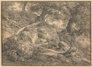 Skråning med steinblokker og oliventrær i Chigi-fyrstenes park i Ariccia av Johann Christian Reinhart