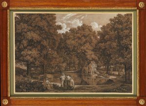 Arkadisk landskap med tre figurer ved en innsjø av Johann Christian Reinhart