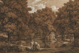 Arkadisk landskap med tre figurer ved en innsjø, 1792.