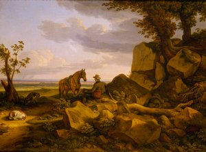 Italiensk landskap med hvilende jeger, selvportrett av Johann Christian Reinhart