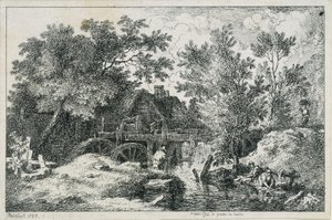 Landskap med vannmølle (første forsøk på kobberstikk) av Johann Christian Reinhart