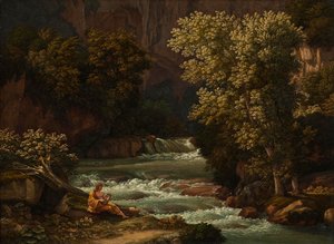 Utsikt over Ponte Lupo nær Tivoli med en person som spiller lyre i forgrunnen av Johann Christian Reinhart