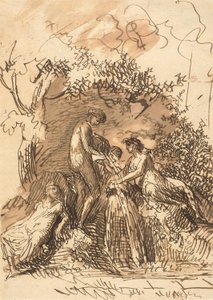 Unge jenter ved en fontene (recto); Fragment av Sketch of Legs (verso) av Johann Christian Reinhart