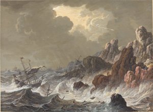 Storm-kastede skip vraket på en steinete kyst.
