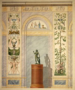Tegning av dekorasjonen for bakveggen til spisesalen i Slottet i Kassel (penn og akvarell på papir) av Johann Conrad Bromeis