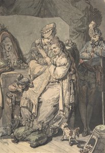En kvinne på toalettet hennes med en hushjelp, en gutt, en hund og en ung soldat, verso: A Sketch..., 1770.