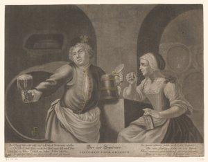 Mann og kvinne drikker øl og konjakk Øl og Brandewein / Cerevisia et vinum sublimatum av Johann Elias Ridinger