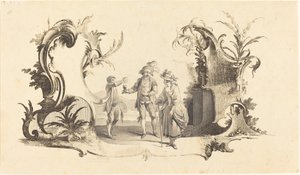 Cartouche Moderne med et ungt par som får servert vin av Johann Esaias Nilson