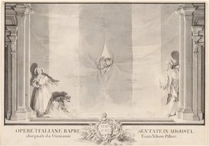 To skuespillere som titter gjennom et teatergardin mens andre forbereder fotlysene av Johann Esaias Nilson
