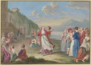 Italienske bønder underholder seg ved innsjøbredden med lek og dans, med høye fjell i bakgrunnen av Johann Friedrich August Tischbein