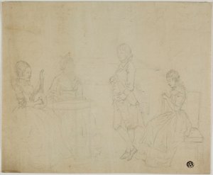 Skisse av familiegruppe med tre sittende kvinner og ung mann stående av Johann Friedrich August Tischbein