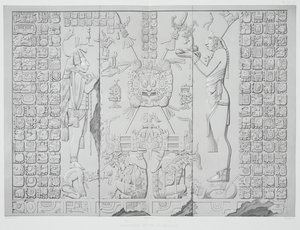 Relieff som viser en prest med tilbud fra Sanctuary of the Temple of the Sun, Palenque, platene 29 og 30 fra Ancient Monuments of Mexico, gravert av Werner, 1866