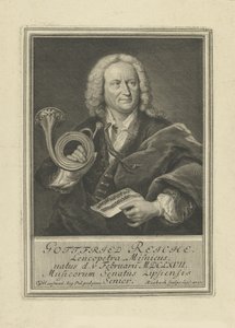 Portrett av trompetisten og komponisten Gottfried Reiche 1667-1734, 1727. av Johann Friedrich Rosbach