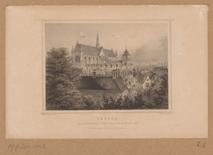 Utsikt over Hooglandse Kerk i Leiden Leyden, De Hooglandsche kerk, sett fra burg (tittel på objekt) av Johann Gabriel Friedrich Poppel