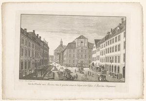 Utsikt over et fiskemarked i Köln med Sint-Petruskerk Utsikt over Marché aux Poissons, dans le quarter vieux de Cologne, et de l'Eglise St. Pierre, dans l'eloignement (tittel på objekt)