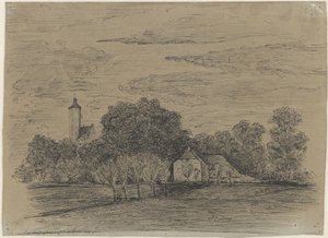 Landskap med gård og tårn av Johann Georg Schwartze (possibly)