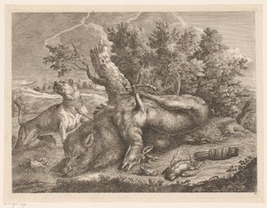 Jakthund og bytte med villsvin, hjort og fugler Jaktstøvler (serietittel) av Johann Georg Wachsschlunger