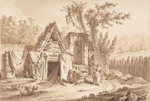 Vaskekvinner foran en hytte, 1769.