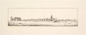 Utsikt over en gammel by med en kirke og høye gavlhus.nd av Johann Gottfried Schadow