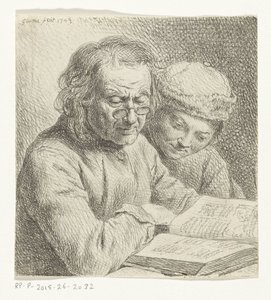 Mann og gutt leser i en bok av Johann Gottlieb Glume
