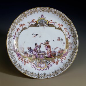Tysk kunst: Meissen Porselen. Chinoiserie som representerer asiatiske karakterer som drikker teen. Tallerken dekorert av Johann Gregor Hoeroldt (eller Herold 1696-1775), ca. 1730. Paris, dekorativ kunst av Johann Gregor Herold