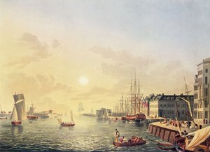 Utsikt over havnen og havnen i Le Havre, tidlig på 1800-tallet (fargegravering) av Johann Heinrich (after) Luttringshausen