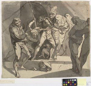 Richard Plantagenet kaster det avkuttede hodet til hertugen av Somerset for føttene til sin far. Illustrasjon for Shakespeares Henry VI, del 3, akt 1, linje 20