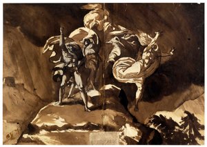 The Witches Floating Above Macbeth and Banquo (Les sorcieres flottant au dessus de Macbeth et Banquo) - par Fussli (Fuseli), Johann Heinrich (1741-1825), - Penn, pensel, brunt indisk blekk, hvit farge, svart kritt på papir, 46,5x66,2 - Privat samling