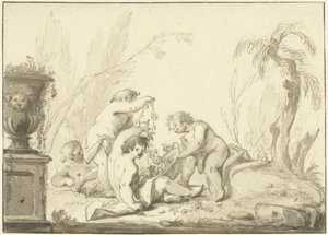 Allegorisk representasjon av barn med en kurv med blomster av Johann Heinrich Keller (II)