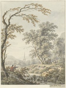 Landskap med foss og en kirke i det fjerne