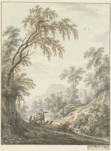 Landskap med en foss og et slott i det fjerne