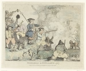 Øvelsen Repetisjon i Holland 1787 (tittel på objekt) Fire engelske tegneserier om patriotene i 1787 (serietittel) av Johann Heinrich Ramberg