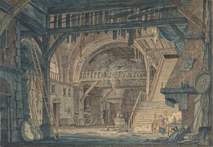 Scenedesign av en gammel romersk ruin som ble omgjort til en låve, sent på 1700- og midten av 1800-tallet.