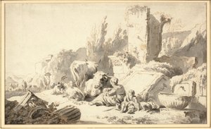 En fører med familien og storfe ved siden av klassiske ruiner av Johann Heinrich Roos