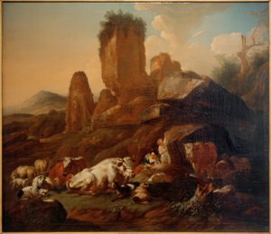 Hvilende gjeterinne og storfe av Johann Heinrich Roos