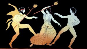 En satyr, en Maenad og mannlig tilhenger av Dionysos danser i vanvidd ca. 1796 (Kobberplategravering)