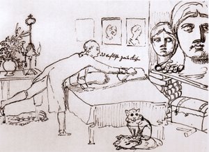 Johann Wolfgang Von Goethe i huset hans på Via del Corso i Roma. Tegning av Johann Heinrich Wilhelm Tischbein (1751-1829) (også kalt Goethe-Tischbein eller Goethe Tischbein). sd. 1700-tallet.