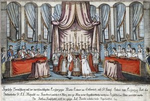 Marie-Louise giftet seg med Napoleon ved fullmektig i Wien, med erkehertug Charles som representant for Napoleon - Loeschenkohl, Johann Hieronymus (1753-1807) - 1810 - Etsning, akvarell - 33,4x44,5 - Privat samling av Johann Hieronymus Loeschenkohl